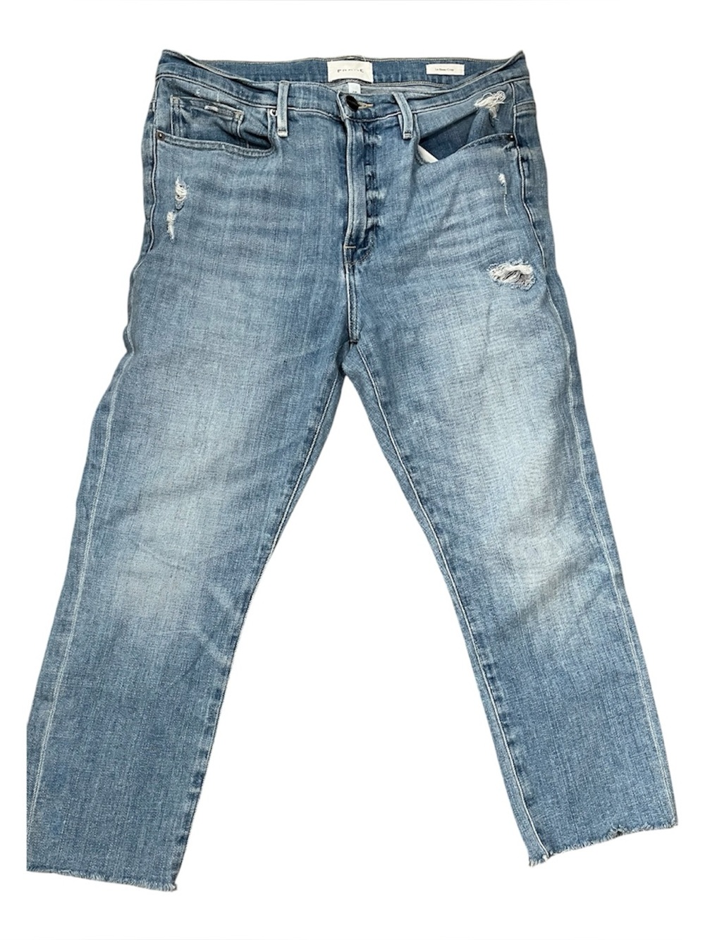Frame Le Beau Cropped Jeans High Rise Straight Rae Hem Distressed Size 28